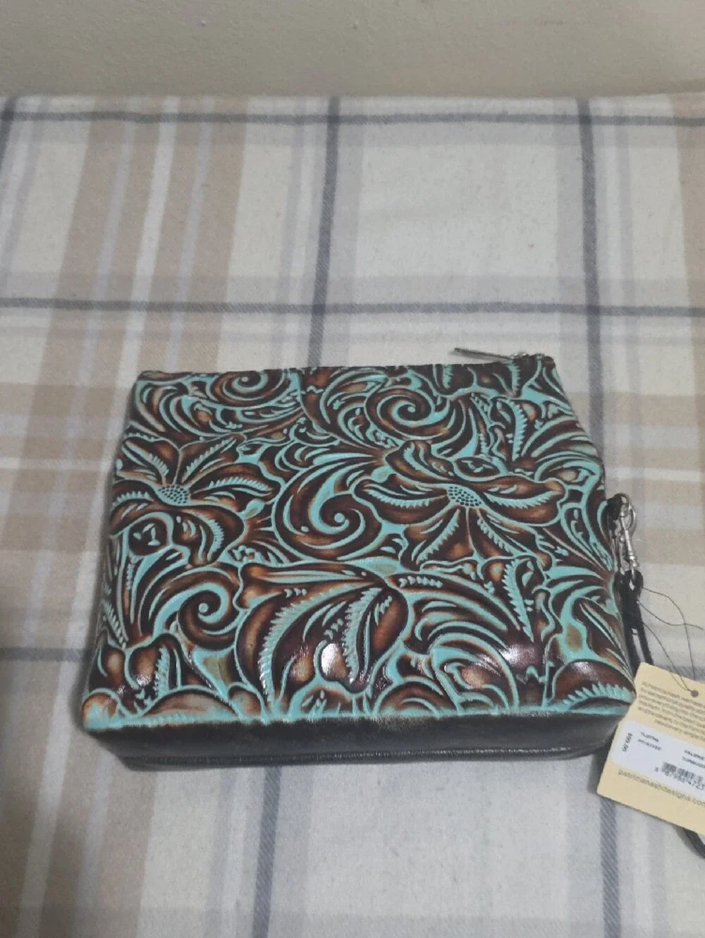 Tooled Floral Leather Wristlet - Turquoise & Brown